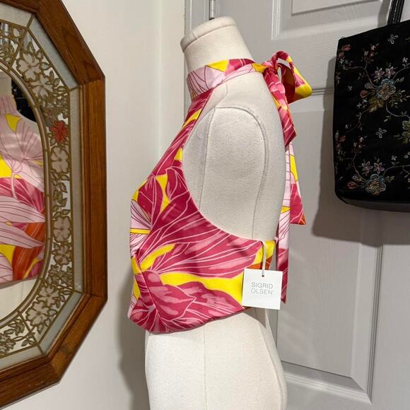 NWT Sigrid Olsen Pink & Yellow Satin Sleeveless Tie Back Cropped Halter Top S - Picture 3 of 7